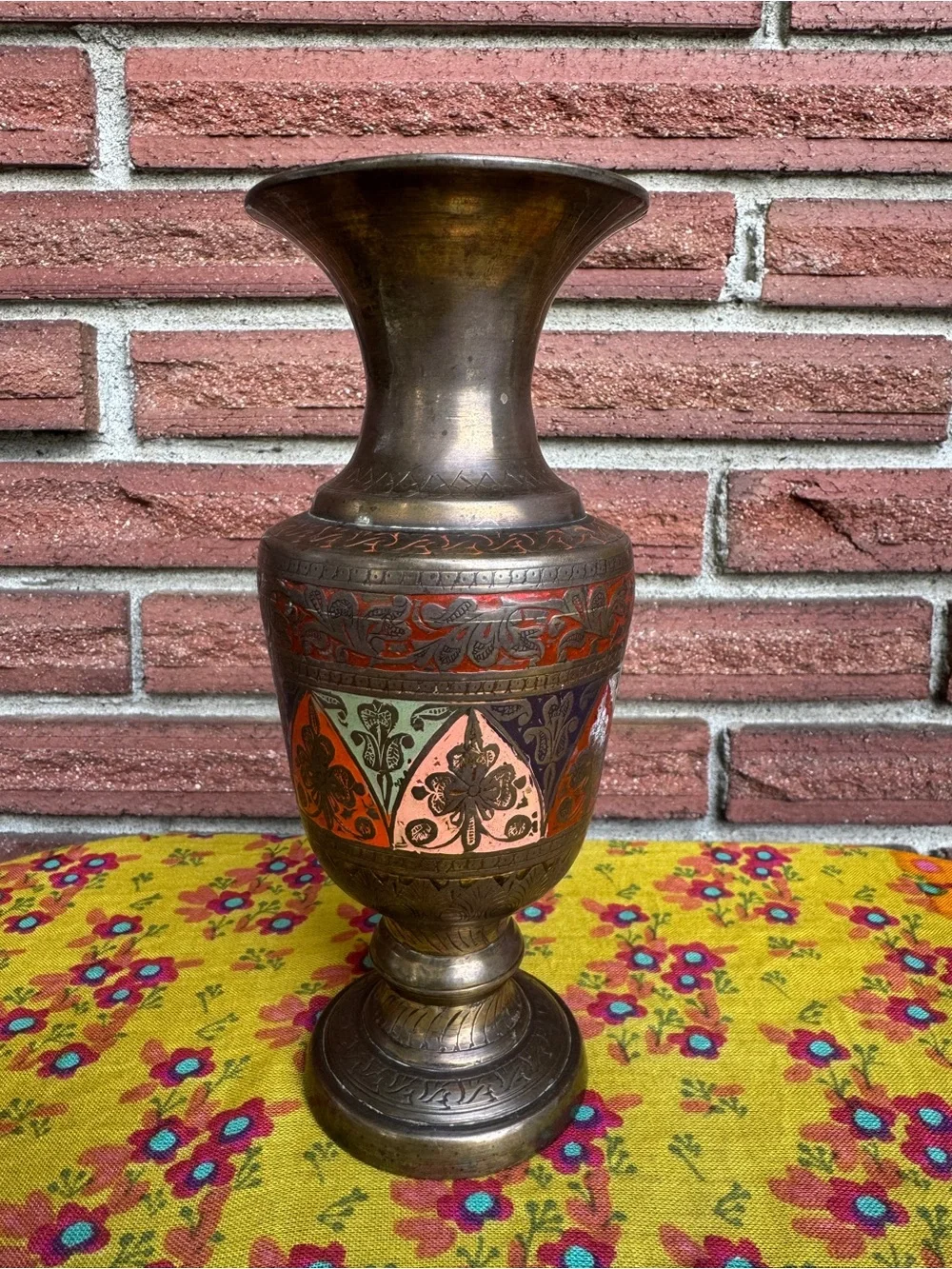Vintage Brass Aune Vase Engraved Multicolor 8”